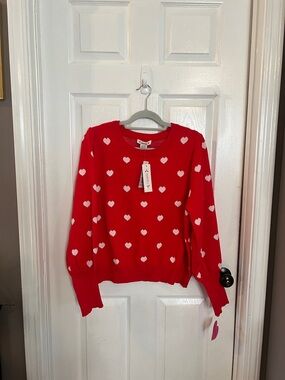 Nanette Lepore Red Crewneck Sweater with White Heart Pattern